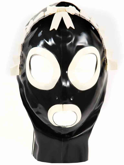 The Latex Maid Hood on a mannequin head, front view.