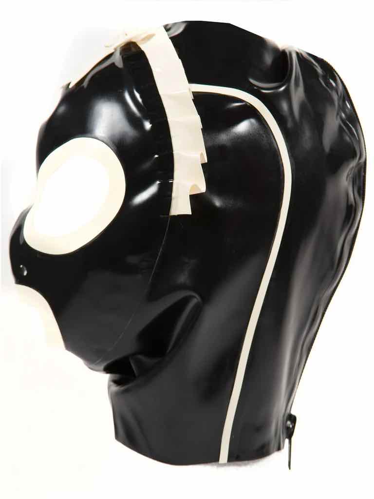 The Latex Maid Hood on a mannequin head, left side view.