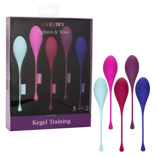The 5 Piece Multi-Colored Kegel Training Set next to its packaging.