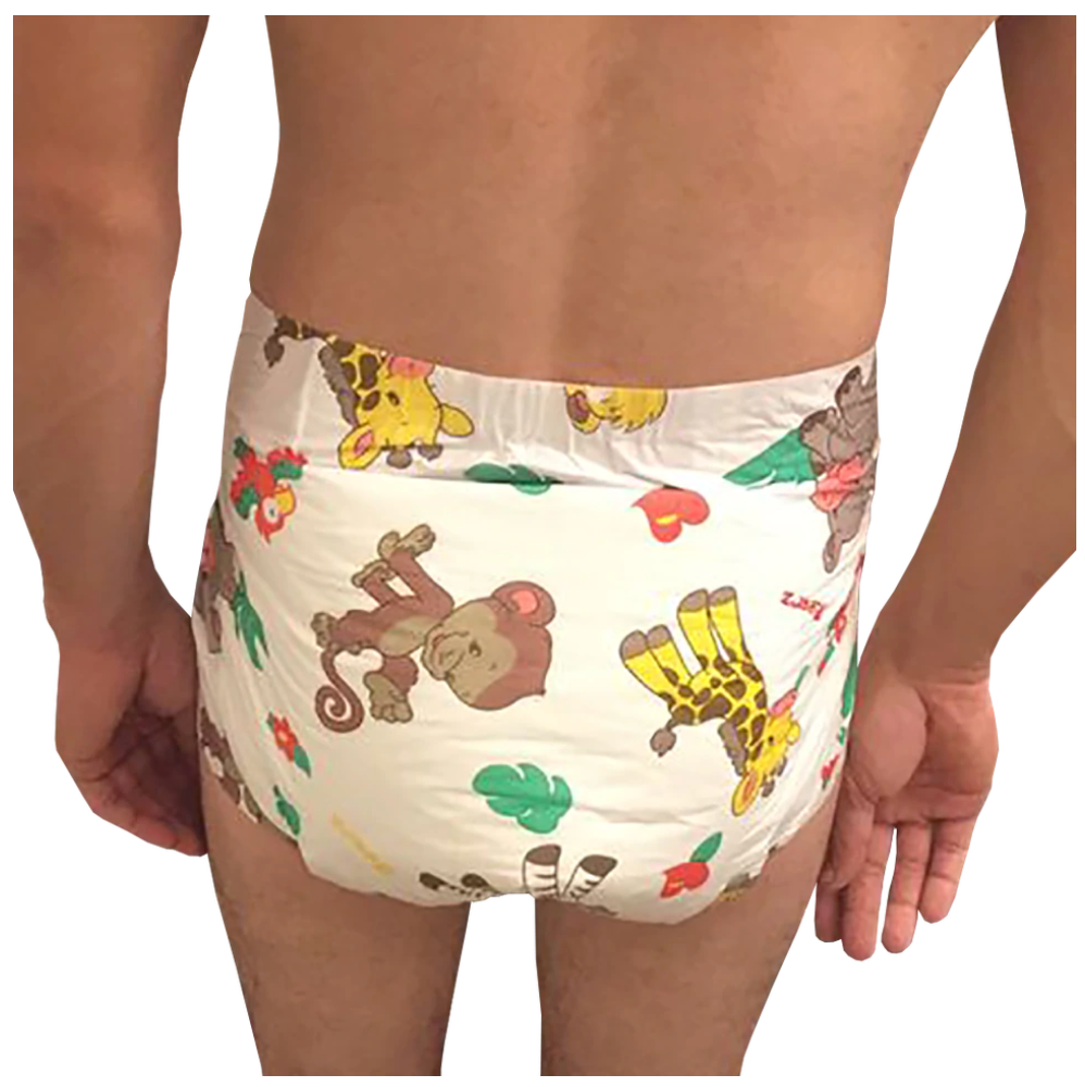 A model showing the back of the Rearz Safari Disposables Diapers.