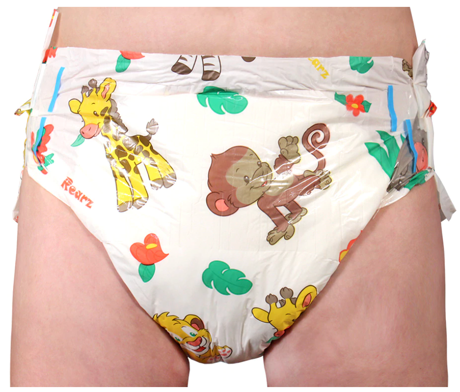 A close up of the front of the Rearz Safari Disposables Diapers.