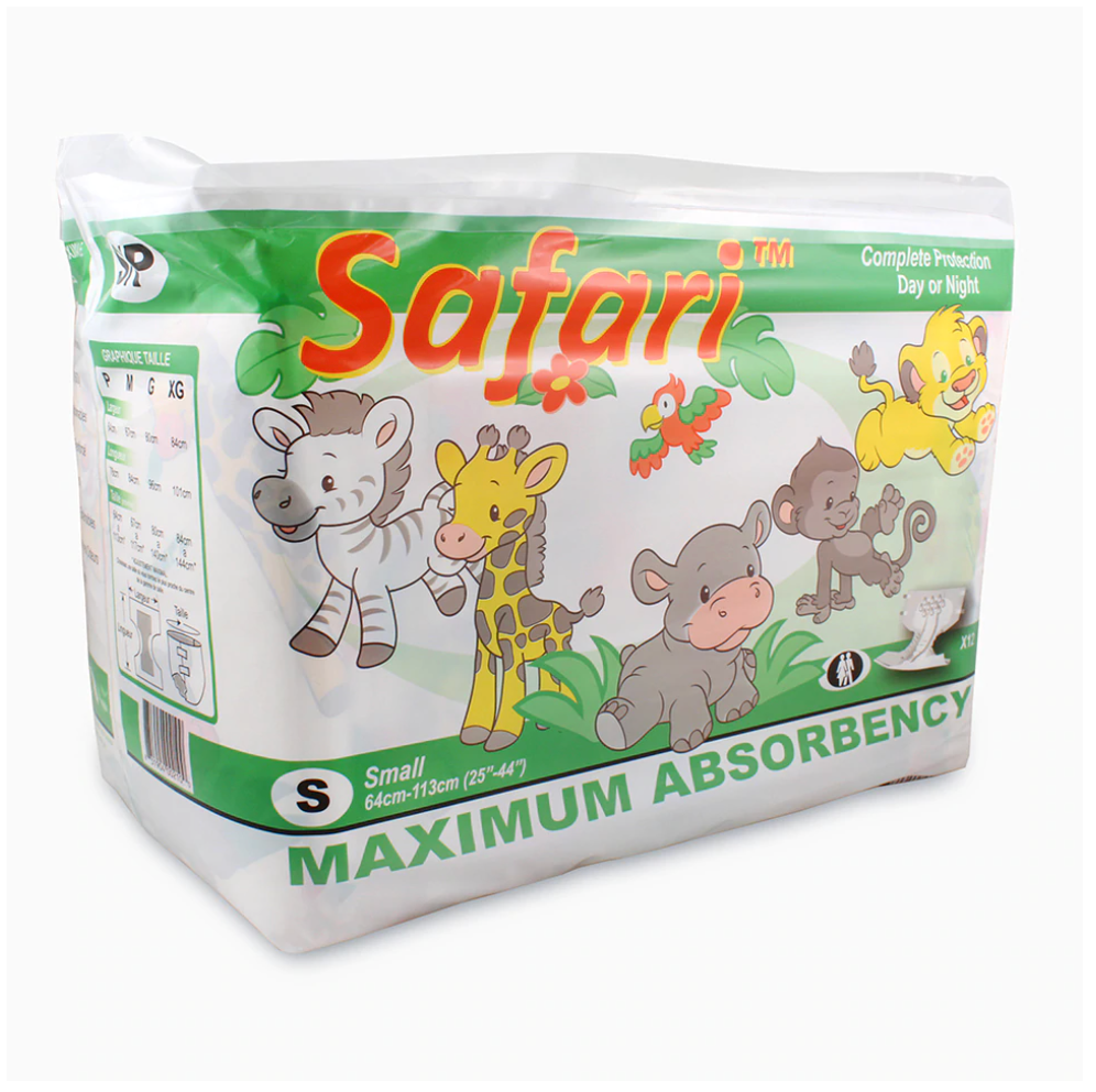 The packaging for the size small Rearz Safari Disposables Diapers.