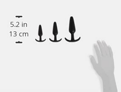 A diagram showing the sizes of the Mood Naughty Trainer Plug Set.