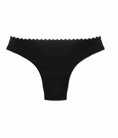 The black Gentle Tuck Lace Compression Thong lying flat.