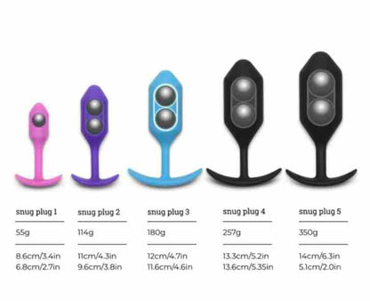 The size and weight differences of the B-Vibe Snug Plugs.