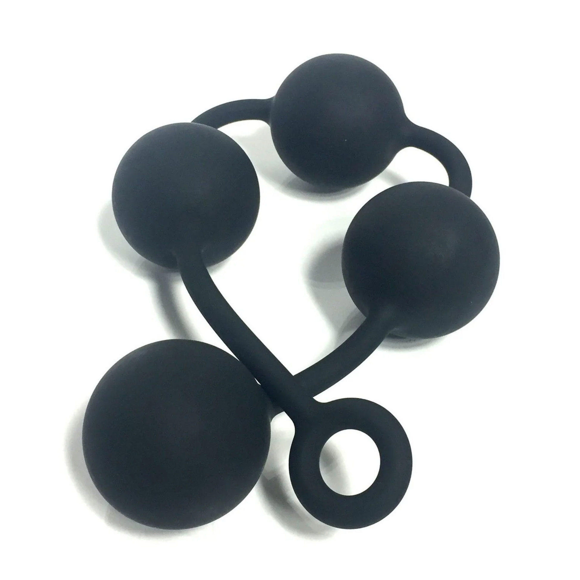 Four black silicone balls on a thin line, all seamless in one piece, with a loop in the handle. The toy is doubled over itself to show its flexibility.