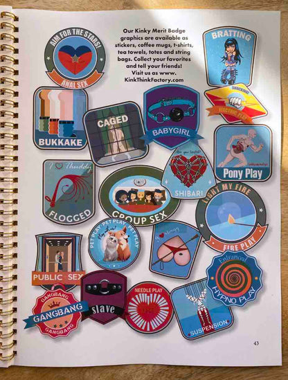 A page from the Ultimate Kinky Activity Book: A page of kinky merit badges.