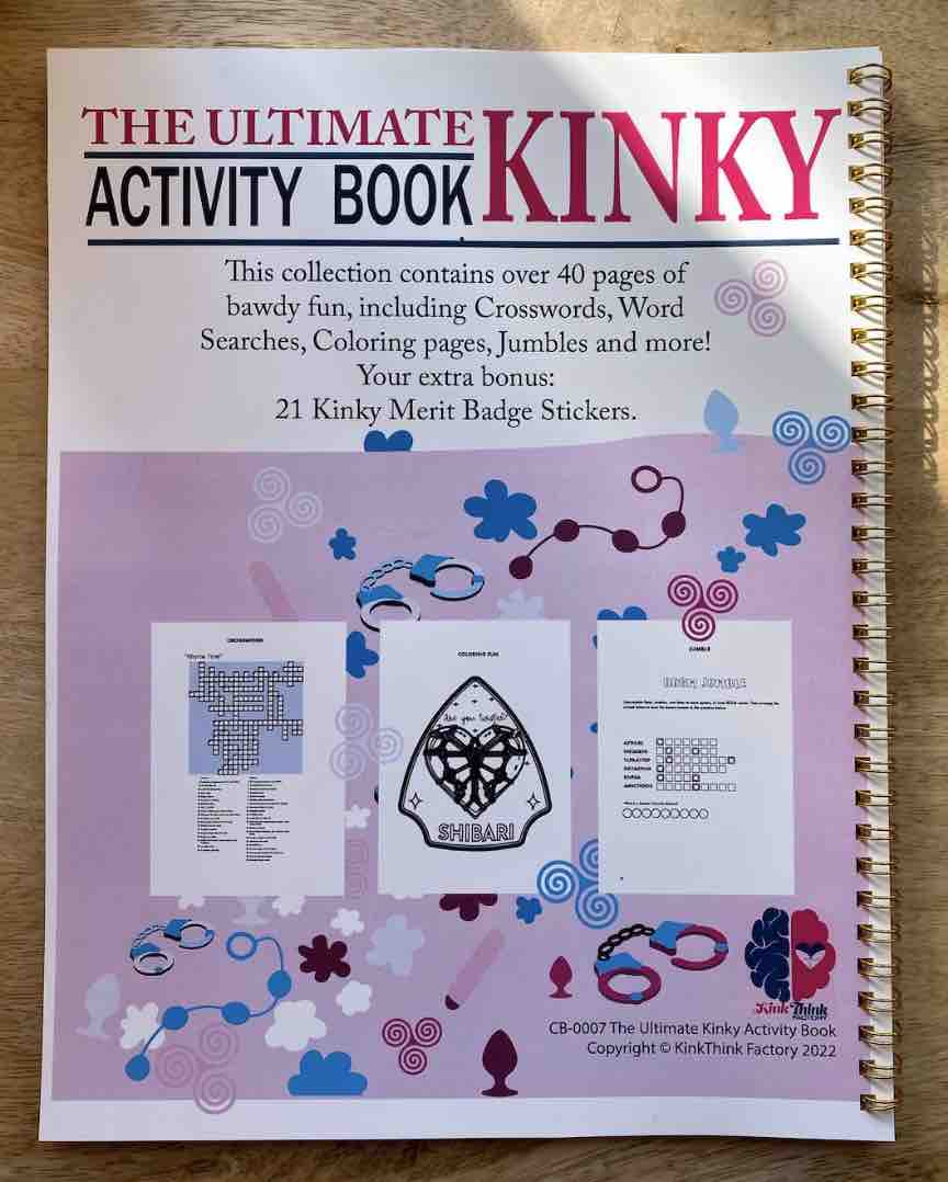 The back cover of Ultimate Kinky Activity Book that shows a few of the pages inside.