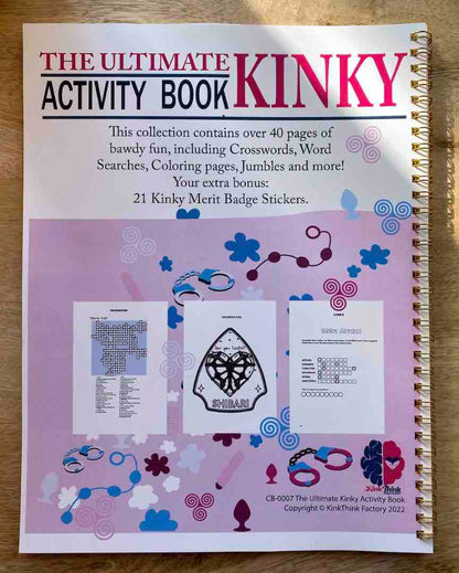 The back cover of Ultimate Kinky Activity Book that shows a few of the pages inside.