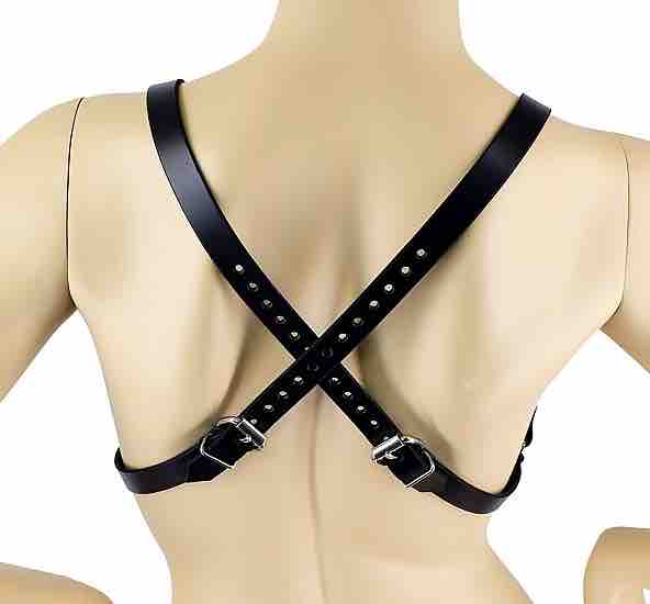 The back view of the thin Leather Bra Harness on a mannequin.