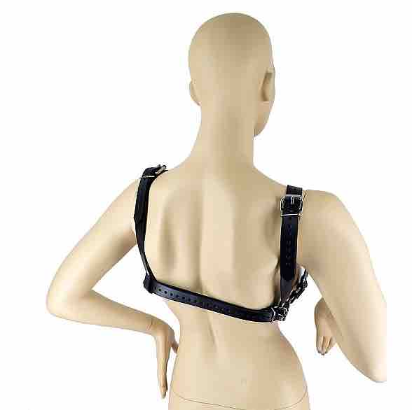 The back view of the thick Leather Bra Harness on a mannequin.