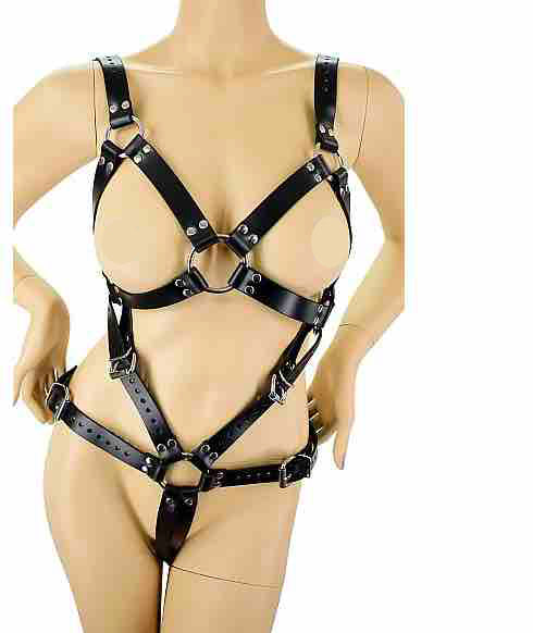 The front view of the Leather Full Body Harness on a mannequin.