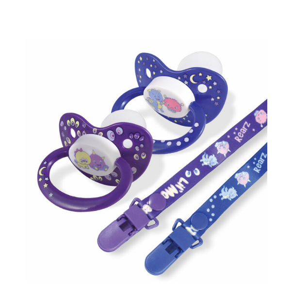 Two Rearz Lil' Monsters Character Pacifiers with their clips laid beside them.