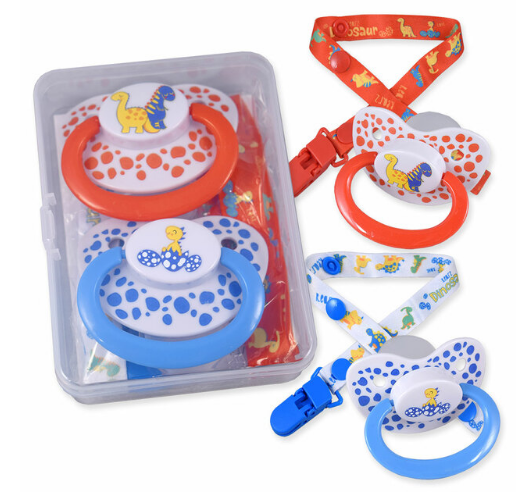The packaging of the Rearz Dinosaur  Character Pacifiers with Clips with two pacifiers displayed next to it.