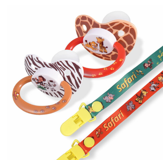 Two Rearz Safari Character Pacifiers with their clips laid beside them.