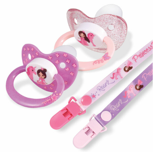 Two Rearz Princess Character Pacifiers with their clips laid beside them.