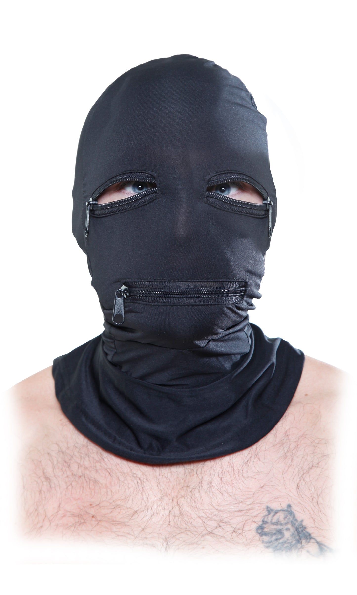 A model wearing the Spandex Hood with zipper eye and mouth holes, front view.