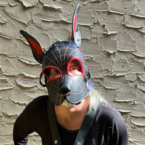 model wearing Spider Leather Pup Mask faced forward