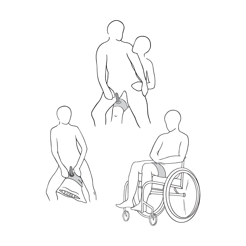 An illustration showing the Neoprene Thigh Harness being used by a standing couple, on a pillow and by a person sitting in a wheelchair. 