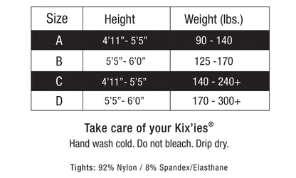The size chart for the Fishnet Tights with Back Seam.