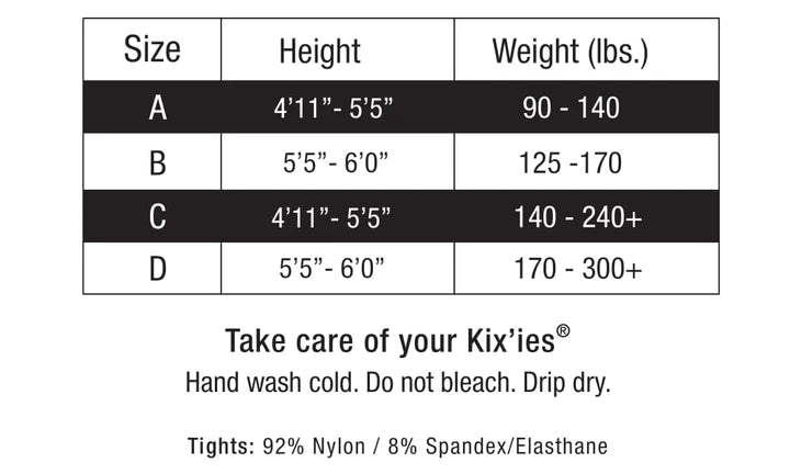 The size chart for fishnet tights with rhinestones.