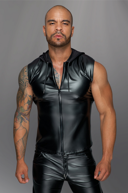Sleeveless Hooded Wetlook Shirt, front view with hood down.