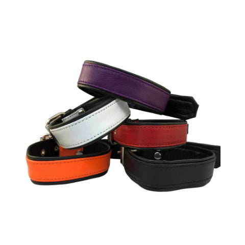 Black, red, orange, white, and purple leather overlay buckle bicep armband in pyramid pile.