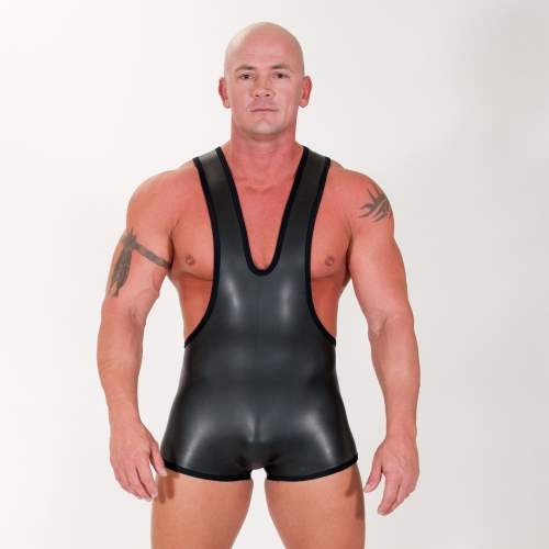 A model wearing the Neoprene Open Back Wrestling Singlet, front view.