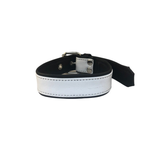 Front of white leather overlay buckle bicep armband.