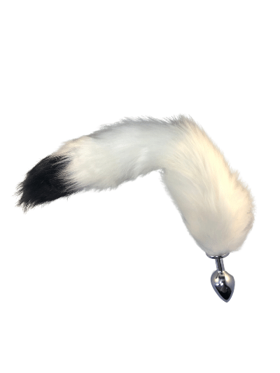 White with black tip faux fur tail with steel plug.