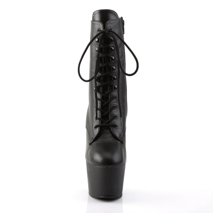 Black 7" leather adore ankle boot, front view.