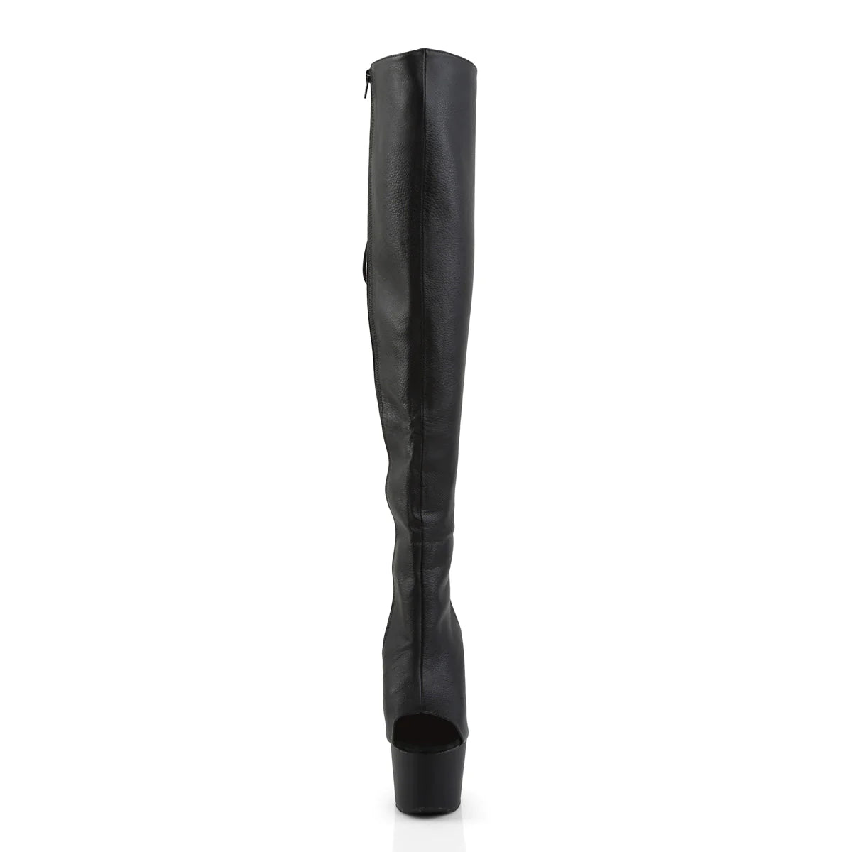 The front of the 7" Adore Thigh High Rear Lace Open Toe Boot.