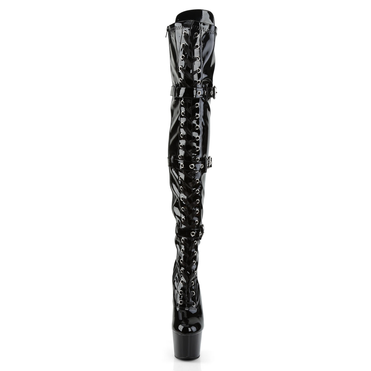 The front view of the patent Adore Buckle & Lace Up Thigh High Boot.