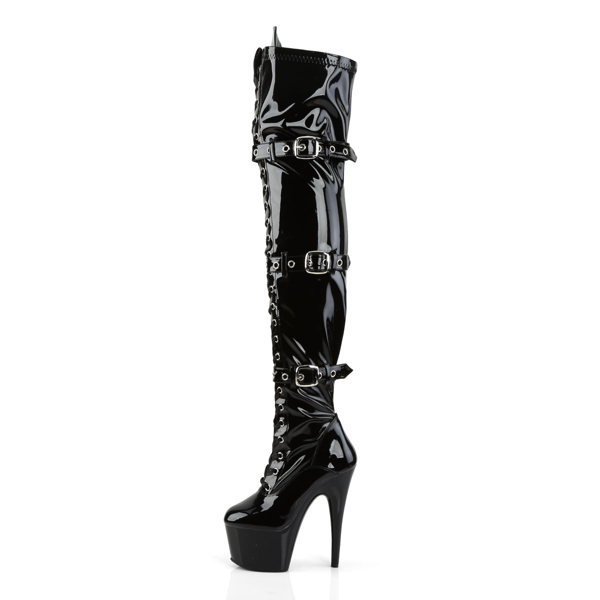 The left side view of the patent Adore Buckle & Lace Up Thigh High Boot.