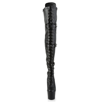 The front of the Leatherette Adore Buckle & Lace Up Thigh High Boot.
