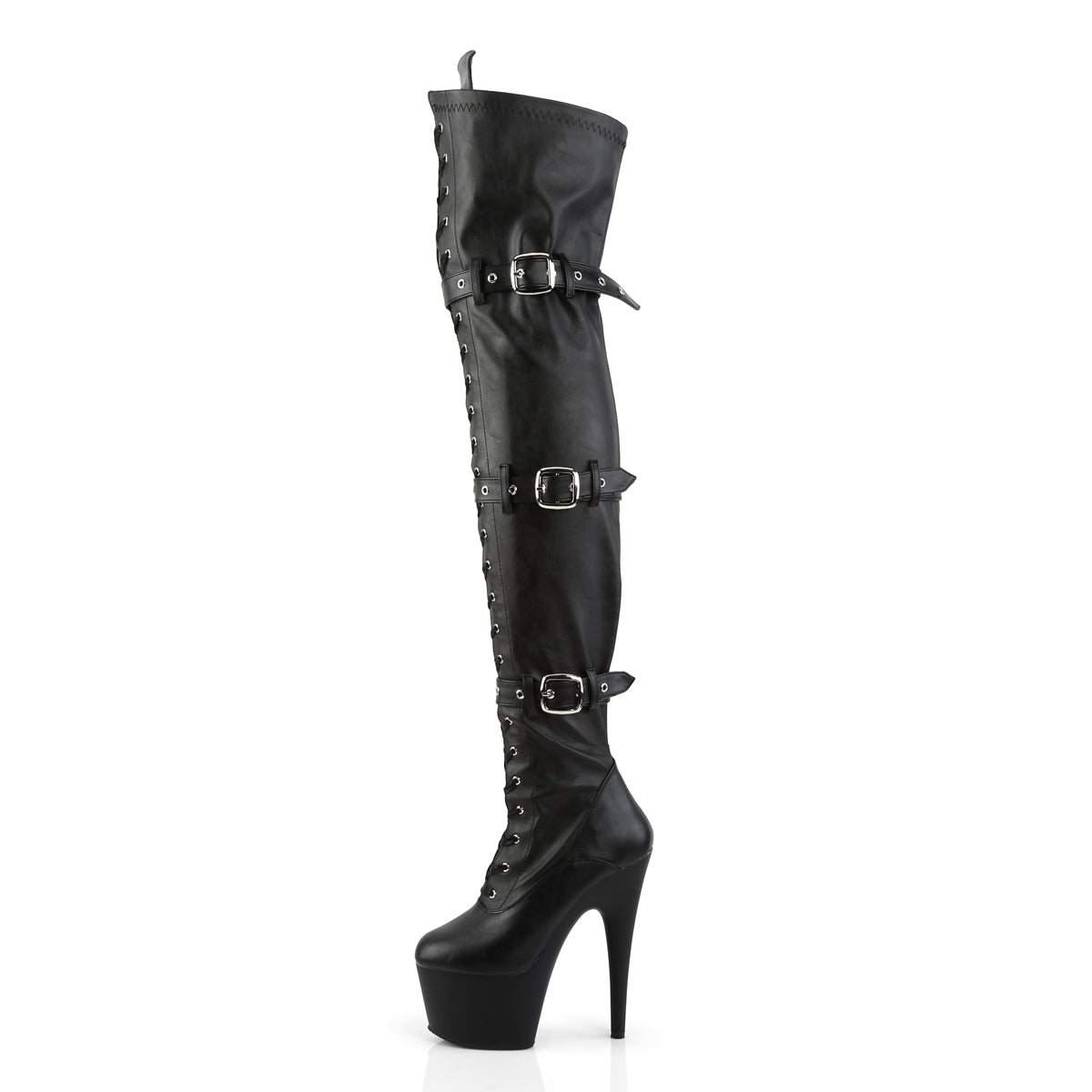 The left side view of the Leatherette Adore Buckle & Lace Up Thigh High Boot.