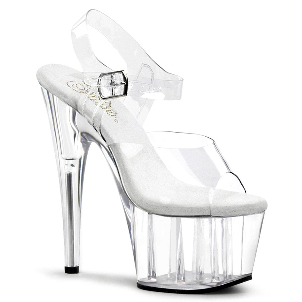 The right side of the 7" Adore Clear Ankle Strap Heels.