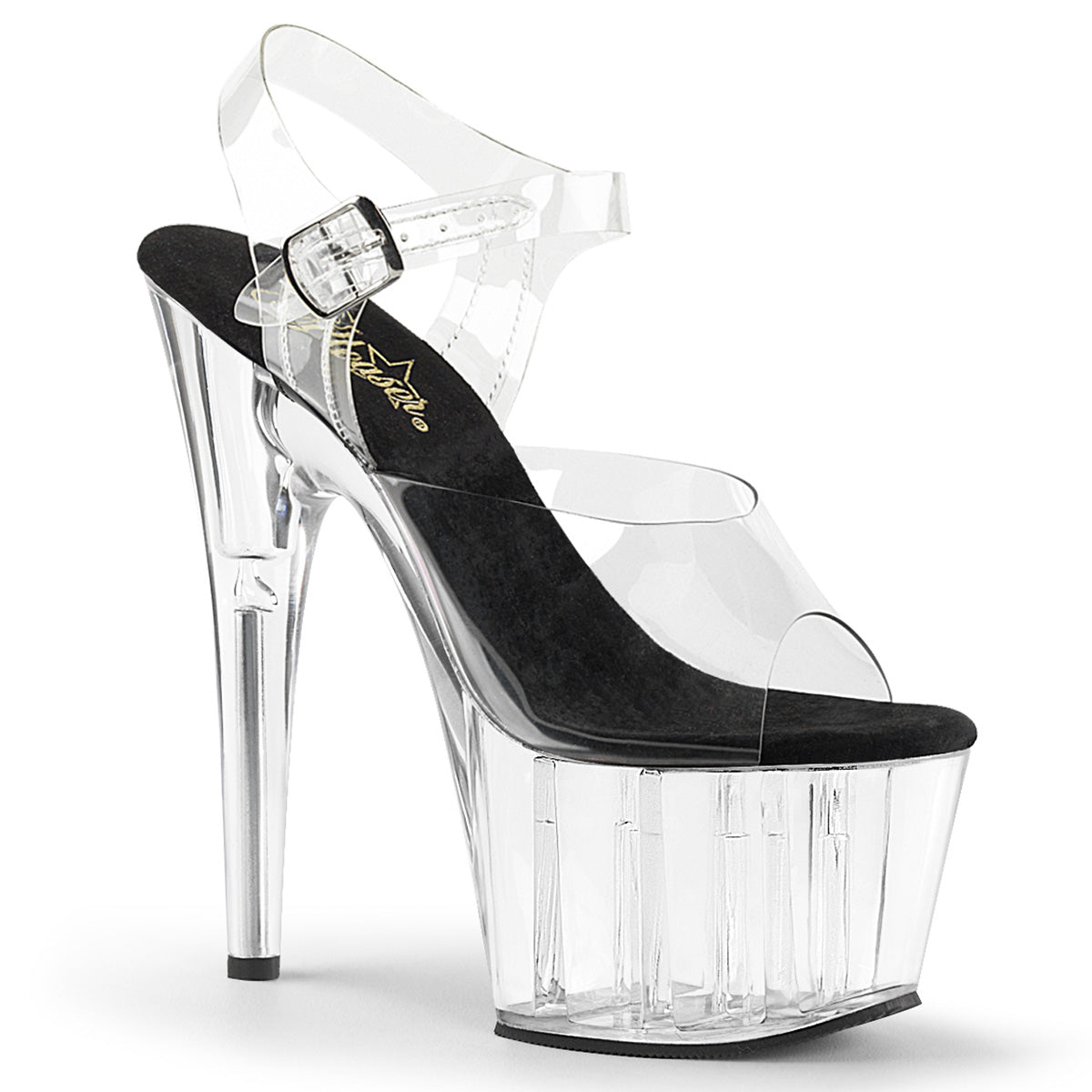 The right side of the 7" Adore Clear and Black Ankle Strap Heels.