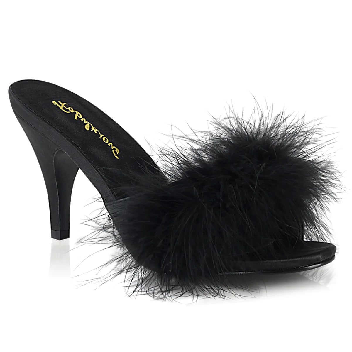 The right side of the black Amour 3" Classic Marabou Slipper.