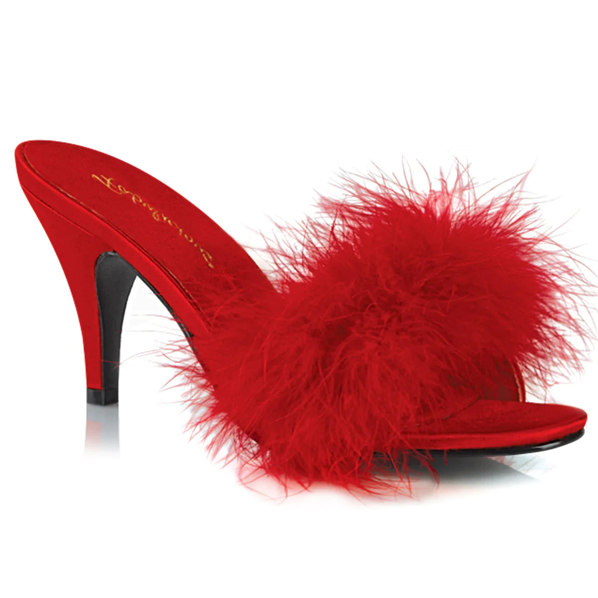 The right side of the red Amour 3" Classic Marabou Slipper.