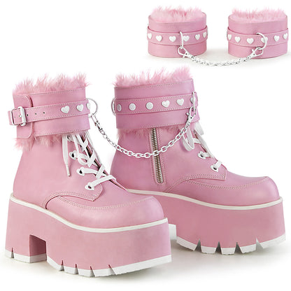 Pink ashes chunky platform leatherette side zip ankle boot with cuffs, upper right corner shows cuffs off the boots connected with snap hook chain.