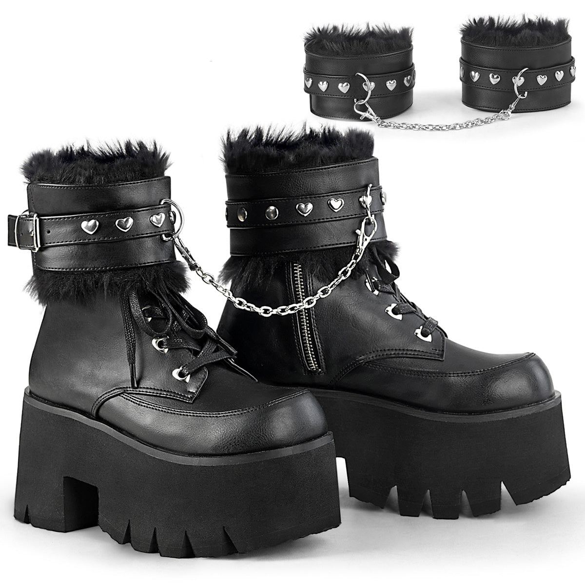 Black ashes chunky platform leatherette, side zip ankle boot with cuffs option, cuffs shown off boot in upper right corner.