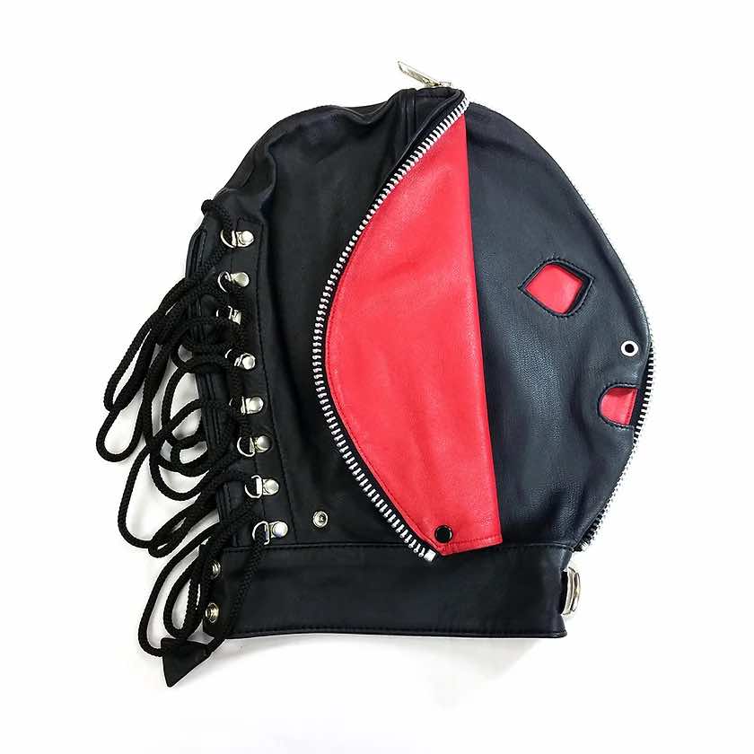 Side view of an open Rouge Leather Fly Trap Mask with back laces loosened.