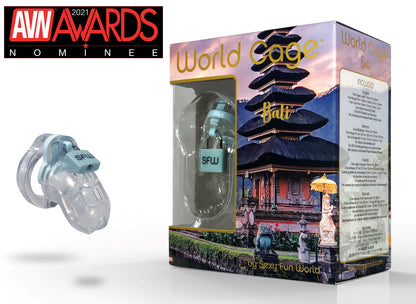 The Bali World Cage Chastity Device next to its packaging.