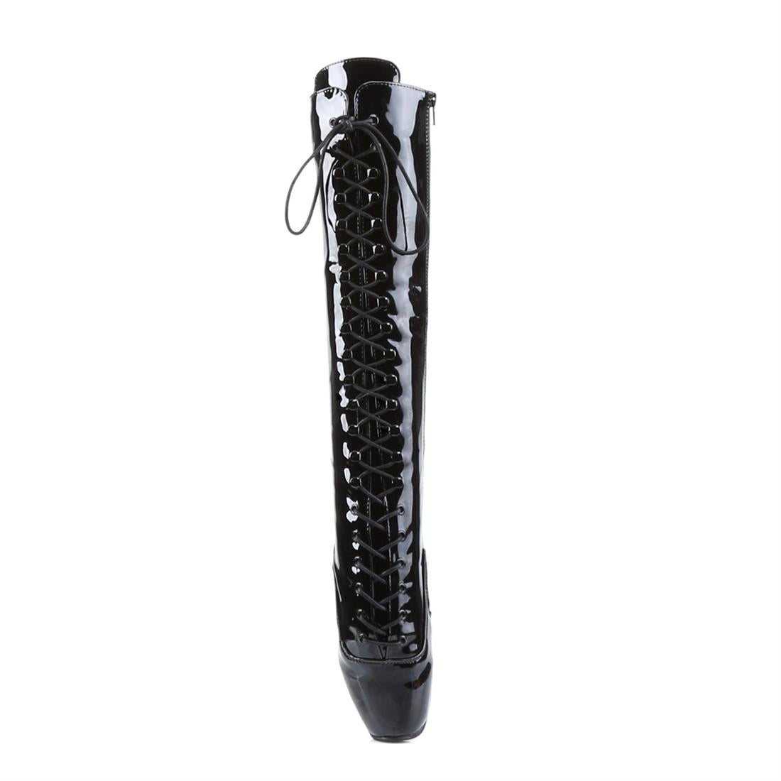 Black patent 7" Ballet Lace Up Knee High Boot, front view.