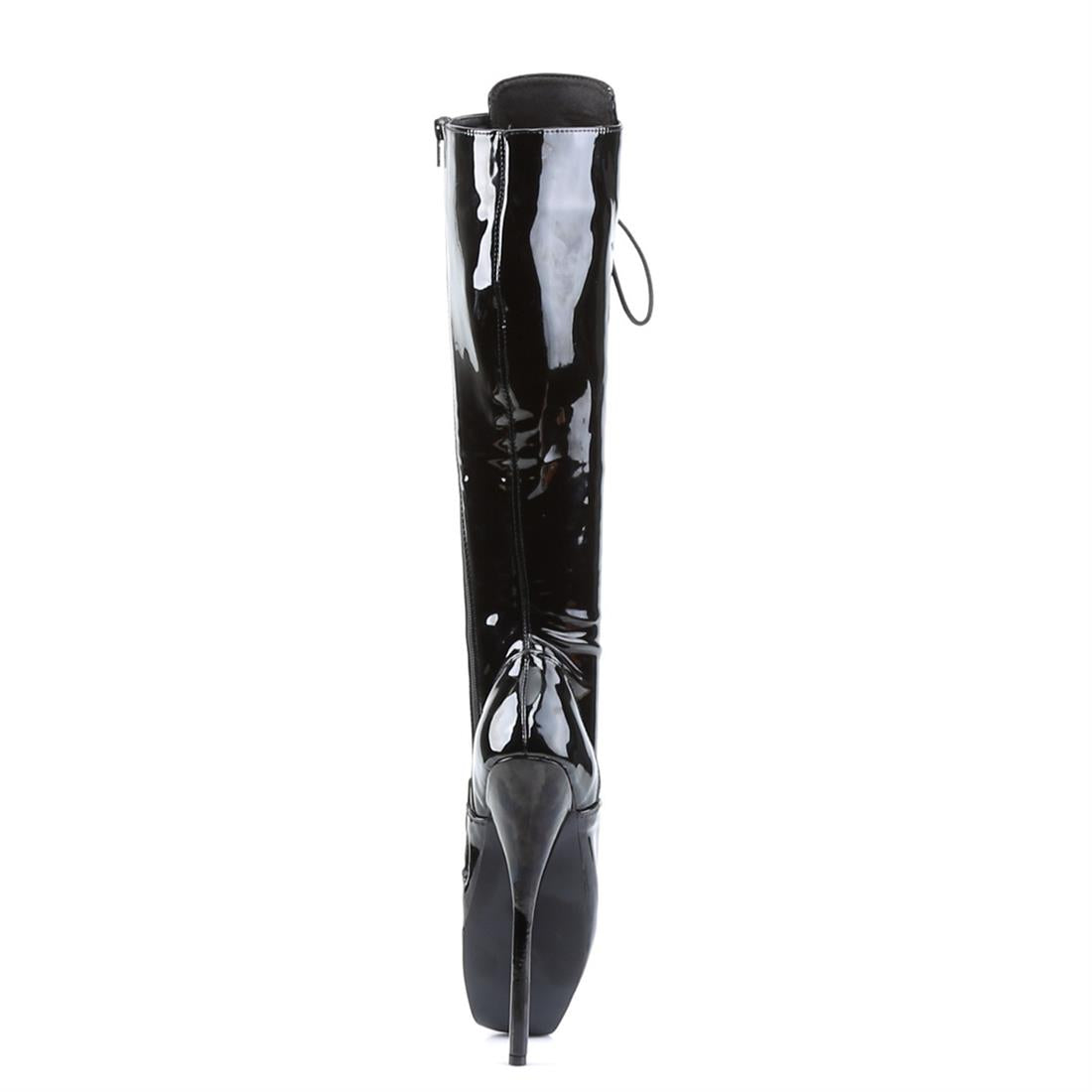 Black patent 7" Ballet Lace Up Knee High Boot, rear view.