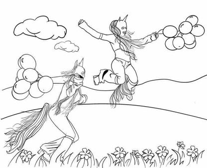 A page in Humanimals: A Romp Through Pet Play Coloring Book. Two people dressed as animals romping through flowers holding balloons.