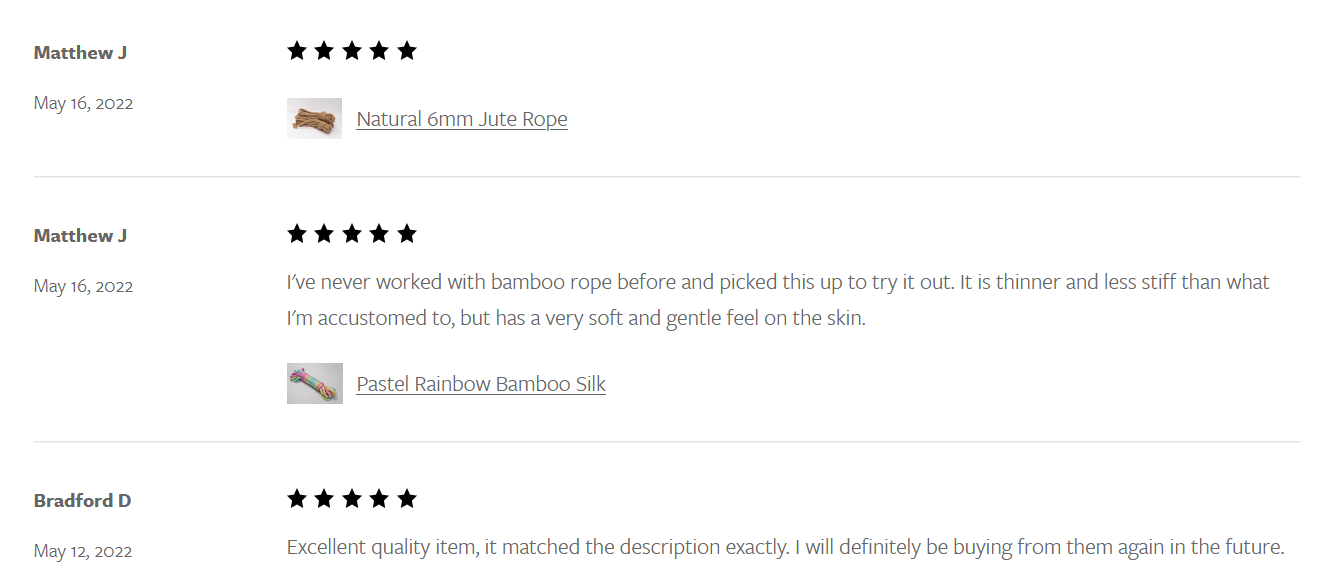 Positive reviews for the Bamboo Silk Rope.