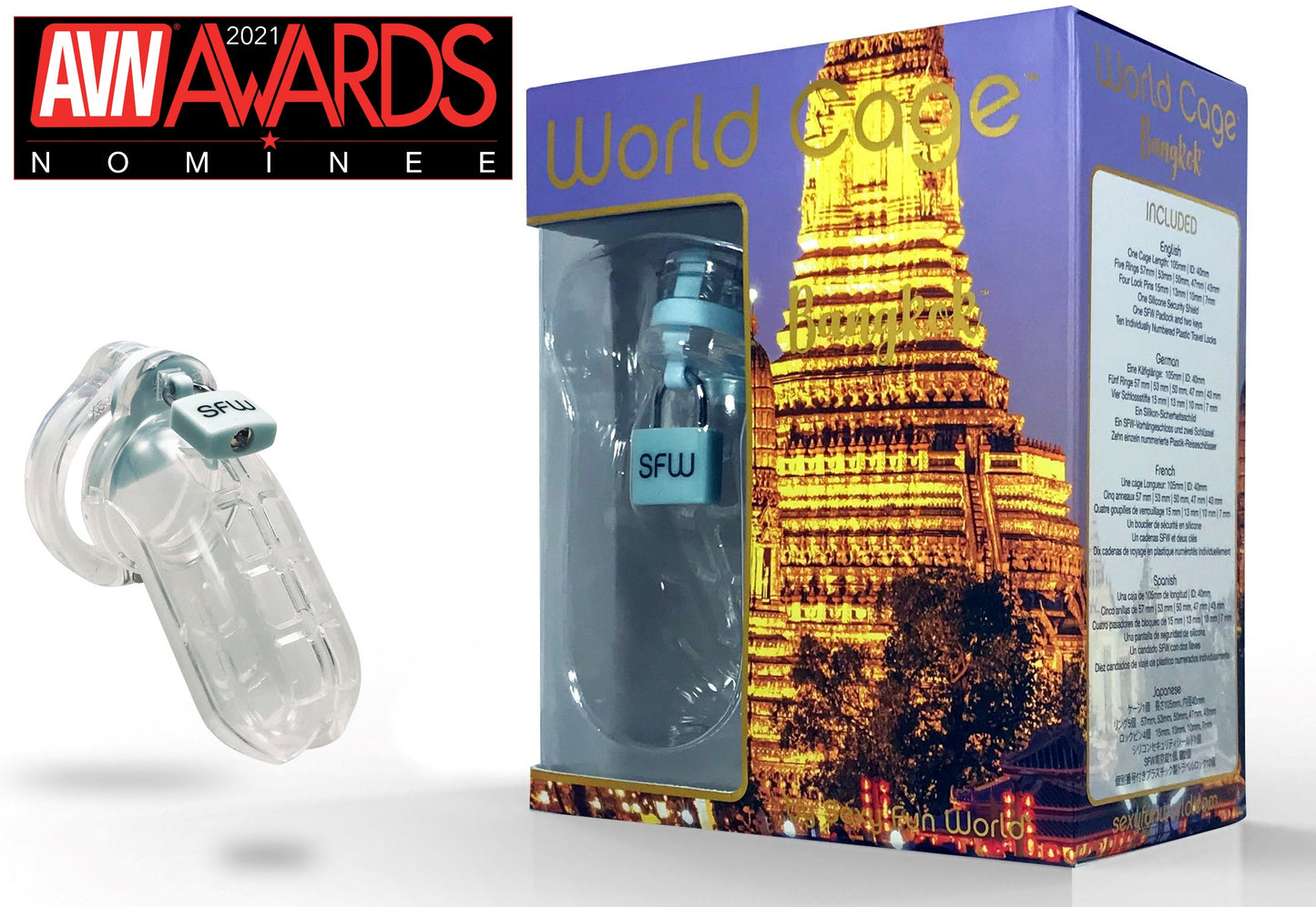 The Bangkok World Cage Chastity Device next to its packaging.