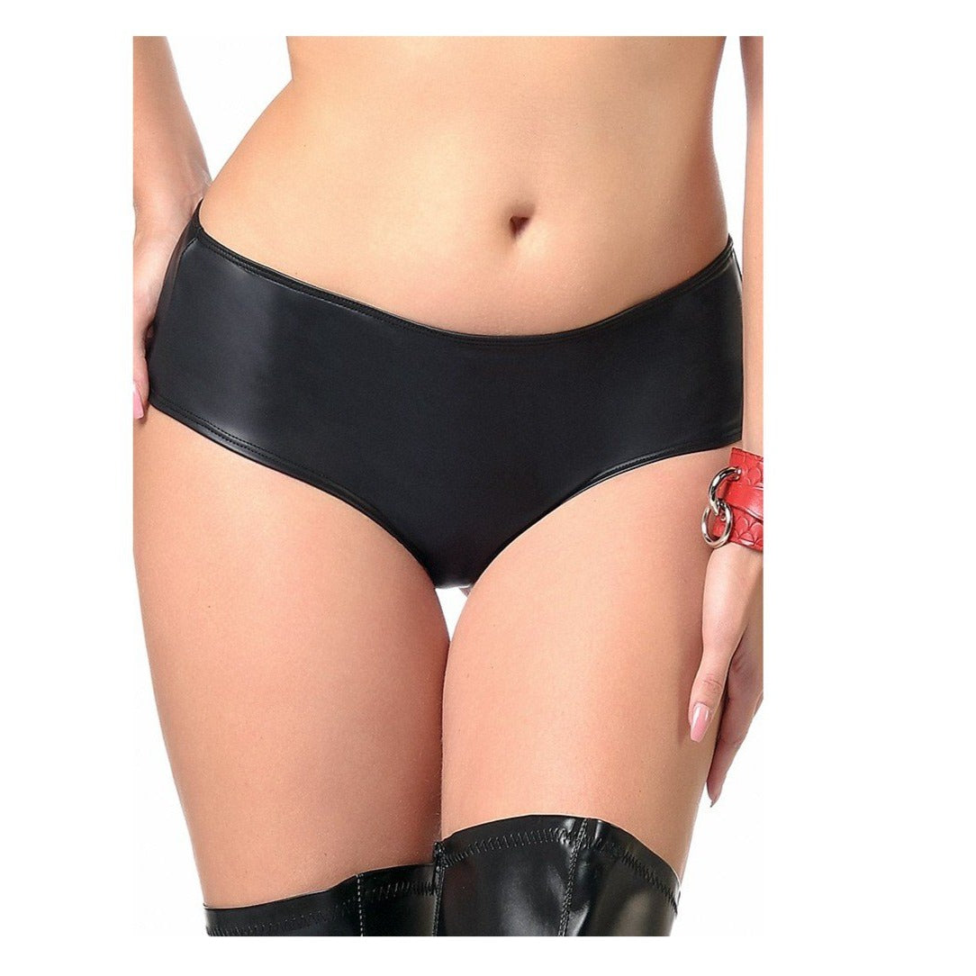 A model wearing the Wetlook Mini Shorts, front view.